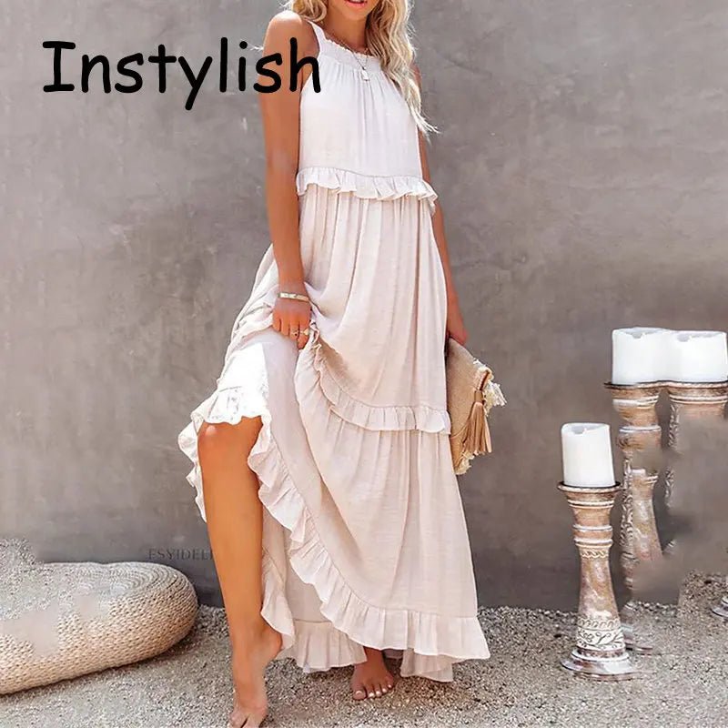 Women Casual Solid Ruffles Long Dress Summer Elegant Sleeveless Sundress Elegant Harajuku Maxi Dress Beach Party Evening Vestido - TRENSET