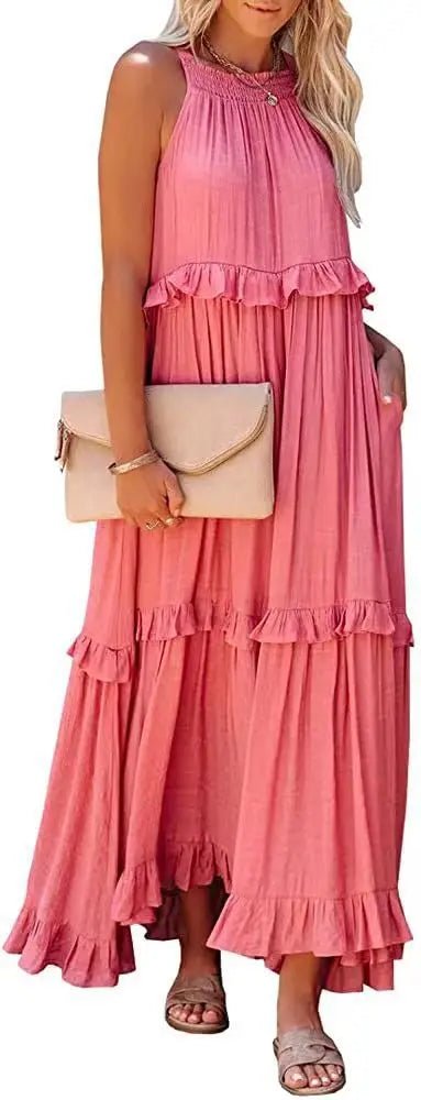 Women Casual Solid Ruffles Long Dress Summer Elegant Sleeveless Sundress Elegant Harajuku Maxi Dress Beach Party Evening Vestido - TRENSET