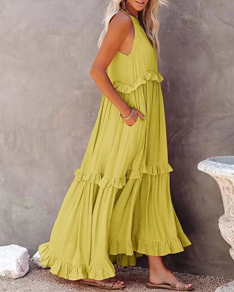 Women Casual Solid Ruffles Long Dress Summer Elegant Sleeveless Sundress Elegant Harajuku Maxi Dress Beach Party Evening Vestido - TRENSET