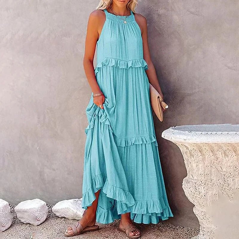 Women Casual Solid Ruffles Long Dress Summer Elegant Sleeveless Sundress Elegant Harajuku Maxi Dress Beach Party Evening Vestido - TRENSET