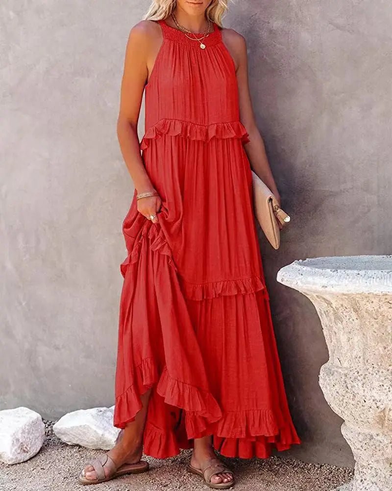 Women Casual Solid Ruffles Long Dress Summer Elegant Sleeveless Sundress Elegant Harajuku Maxi Dress Beach Party Evening Vestido - TRENSET