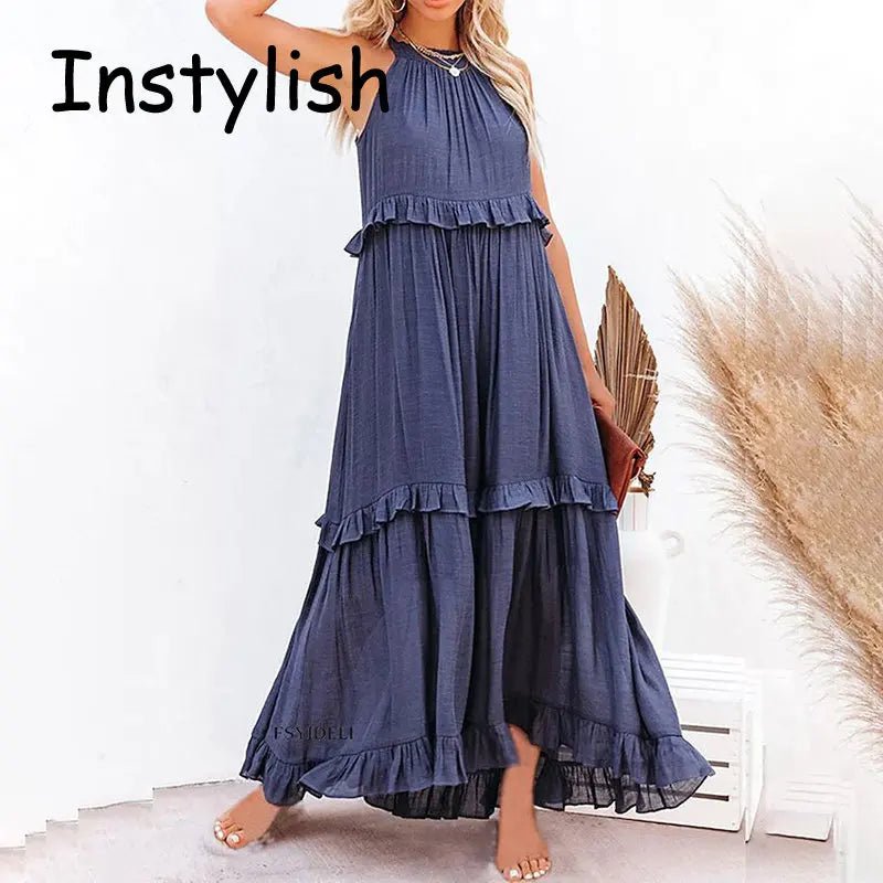Women Casual Solid Ruffles Long Dress Summer Elegant Sleeveless Sundress Elegant Harajuku Maxi Dress Beach Party Evening Vestido - TRENSET