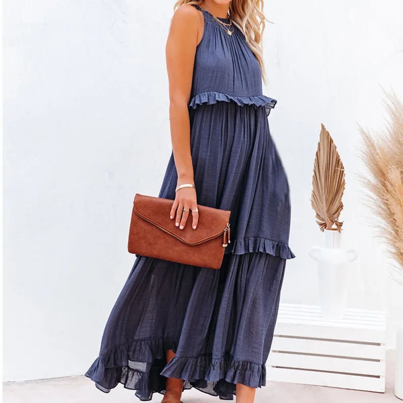 Women Casual Solid Ruffles Long Dress Summer Elegant Sleeveless Sundress Elegant Harajuku Maxi Dress Beach Party Evening Vestido - TRENSET