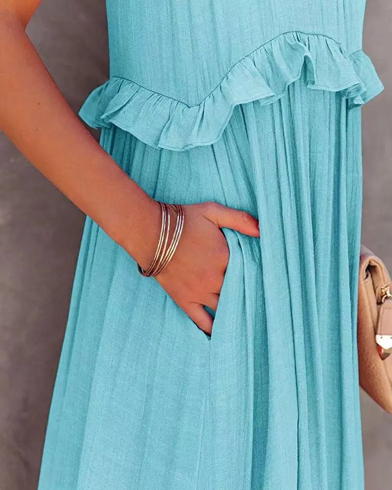 Women Casual Solid Ruffles Long Dress Summer Elegant Sleeveless Sundress Elegant Harajuku Maxi Dress Beach Party Evening Vestido - TRENSET