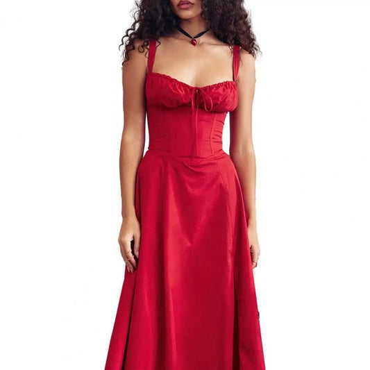 Women Elegant Suspenders Lace-Up Dress Slim Sleeveless Bandeau Floral Print Dress Corset Design Side Split Hem Midi Dress - TRENSET