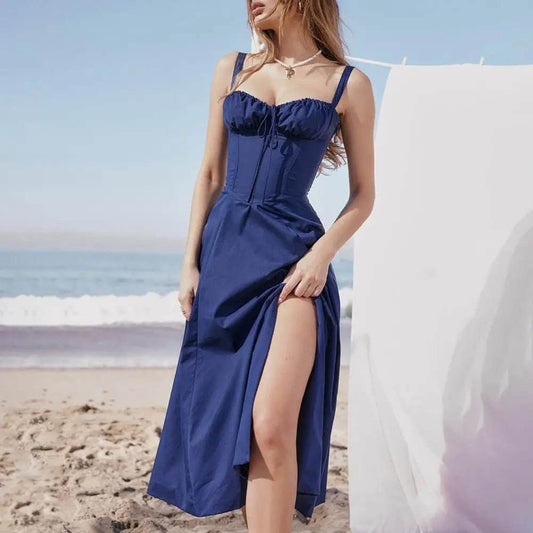 Women Elegant Suspenders Lace-Up Dress Slim Sleeveless Bandeau Floral Print Dress Corset Design Side Split Hem Midi Dress - TRENSET