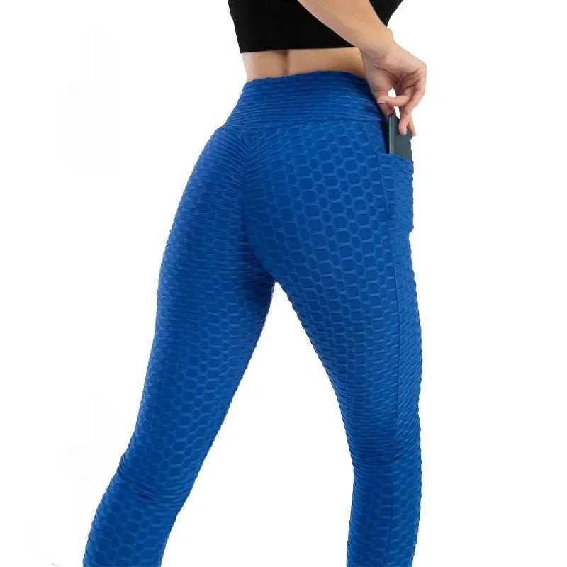 Women Fashion Pocket Bubble Pants Stretchy Slim Leggings Gym Running Cycling Fitness Pants High Waist Hip Lift Leggings Female - TRENSET