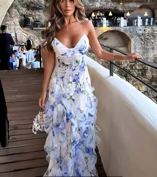 Women's 2025 Off Shoulder Formal Gown Organza Long Evening Dress with Floral Print Flowy A - Line Prom Maxi Summer Dress - TRENSET