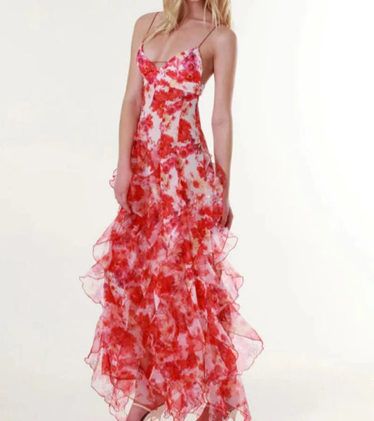 Women's 2025 Off Shoulder Formal Gown Organza Long Evening Dress with Floral Print Flowy A - Line Prom Maxi Summer Dress - TRENSET